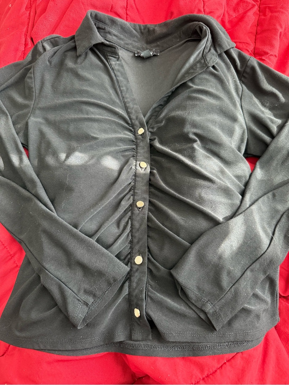 AUW Black Ruched Button-Front Long Sleeve Shirt